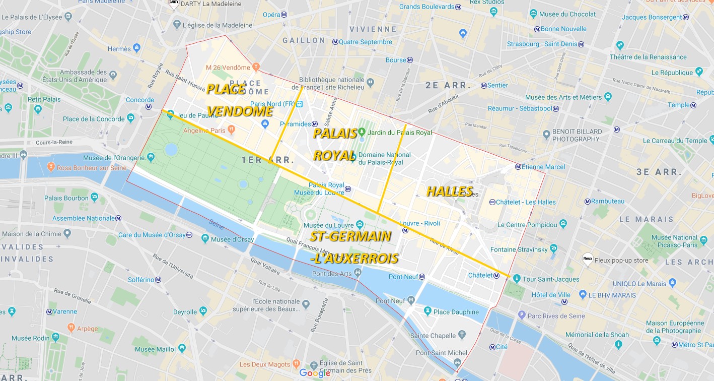 Carte détaillée des différents quartiers du 1er arrondissement de Paris