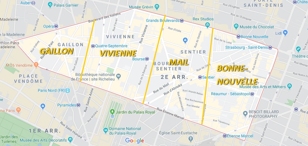 Carte détaillée des différents quartiers du 2ème arrondissement de Paris