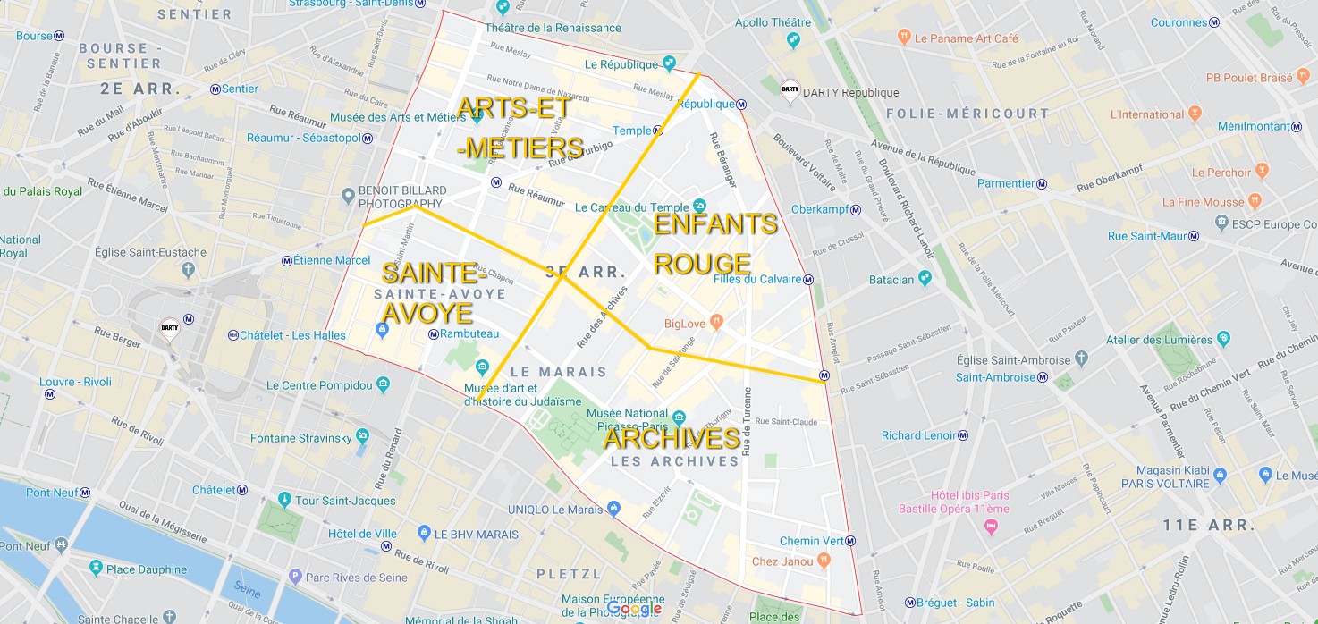 Carte détaillée des différents quartiers du 3ème arrondissement de Paris