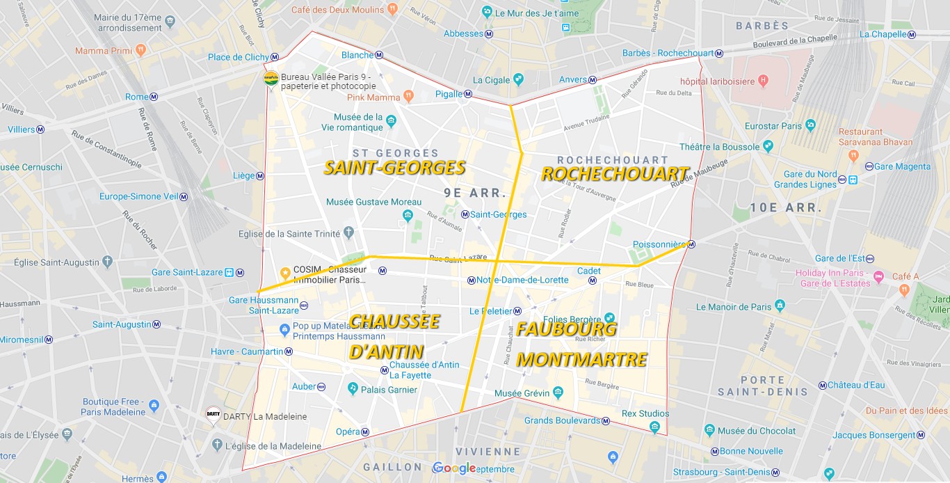 Carte détaillée des différents quartiers du 9ème arrondissement de Paris