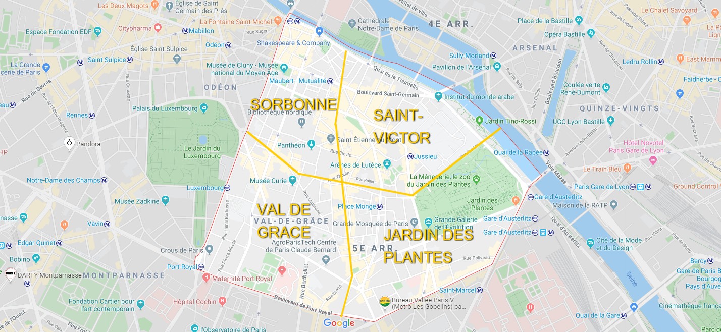 Carte détaillée des différents quartiers du 5ème arrondissement de Paris