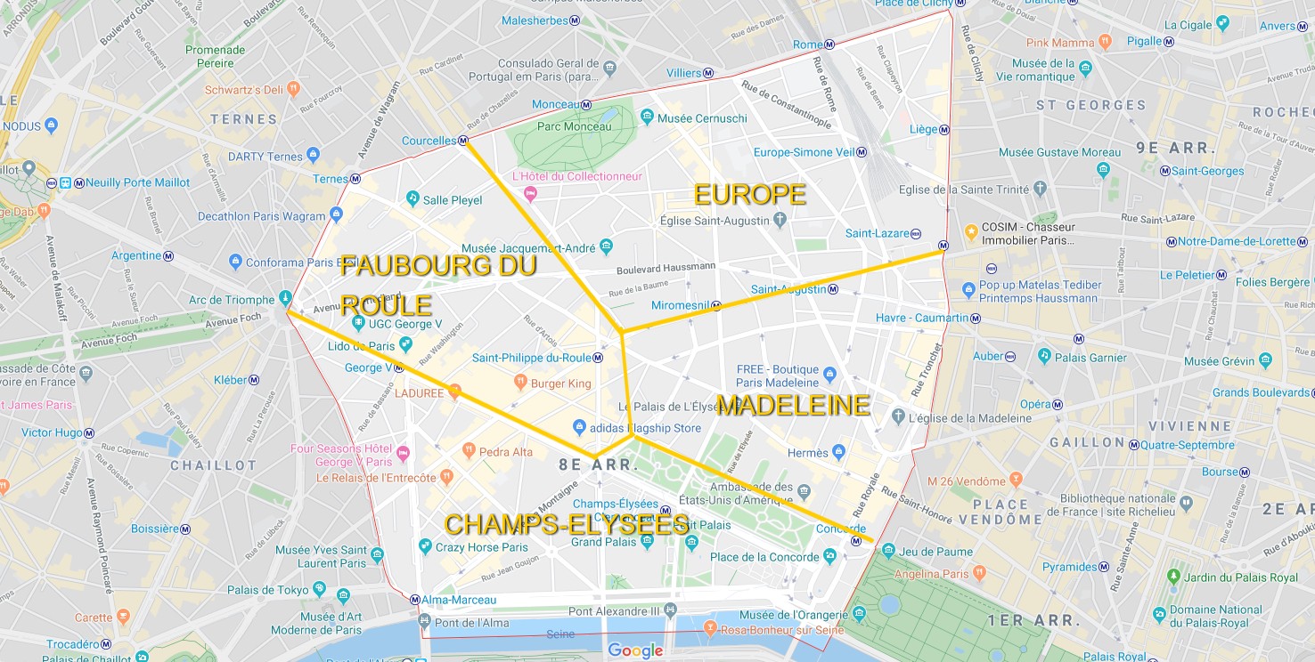 Carte détaillée des différents quartiers du 8ème arrondissement de Paris